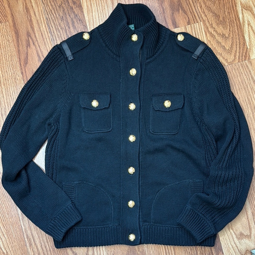 Lauren Ralph Lauren Black and Gold Cardigan with High Collar